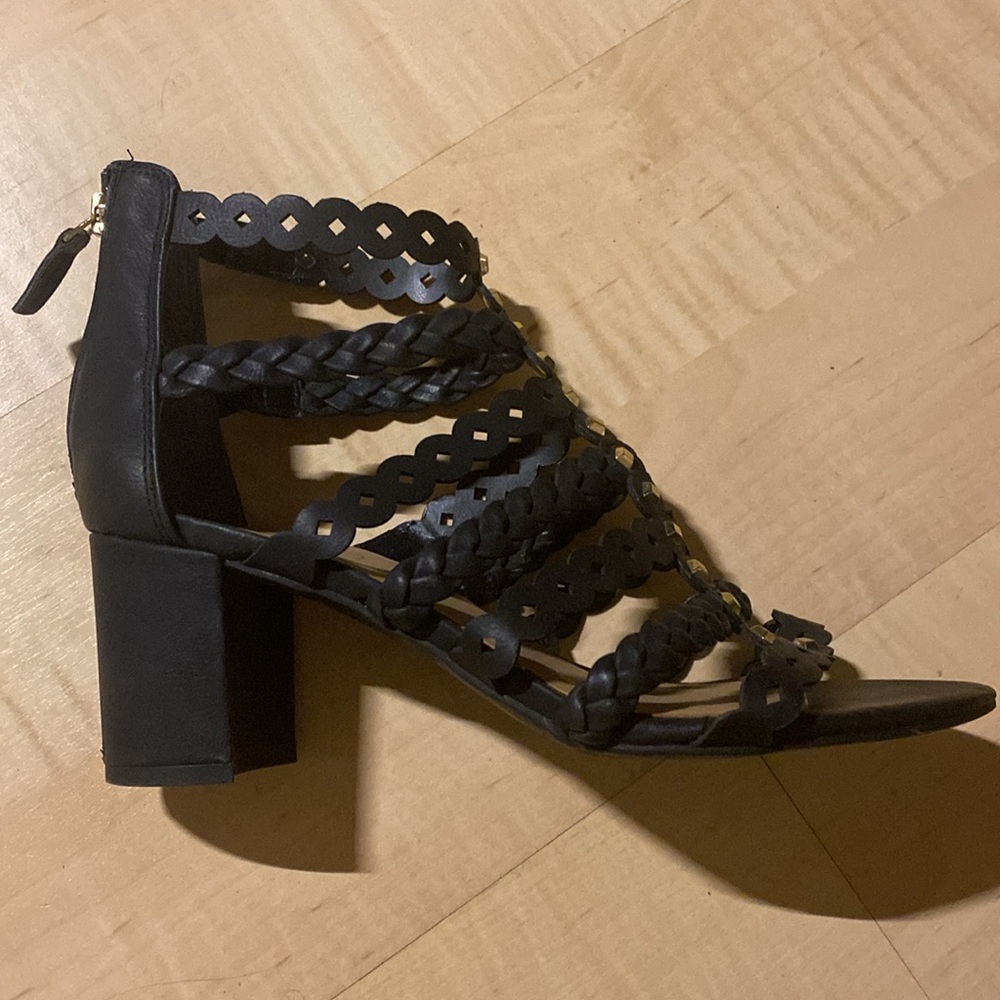 Franco Sarto Black Gold 8.5 Block Heel Sandal Shoe - Picture 2 of 4